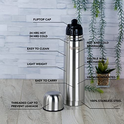 Sumeet Stainless Steel Double Walled Flask / Water Bottle, with Flip Lid, 24 Hours Hot and Cold, 500 ml, Silver - Set of 2 Pcs