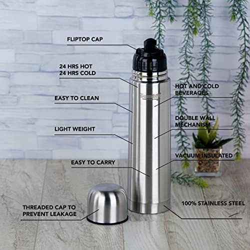 Sumeet Stainless Steel Double Walled Flask / Water Bottle, with Flip Lid, 24 Hours Hot and Cold, 500 ml, Silver