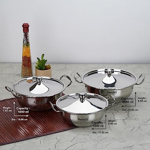 Sumeet Big Size Stainless Steel Cook and Serve Induction Handi Set with Lid and Handle, Set of 3Pc, 1200ML,1650ML & 2050ML, Silver