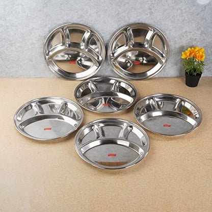 Sumeet Stainless Steel Round 4 in 1 Compartment Lunch / Dinner Plate Set of 6Pcs, 30.3cm Dia, Silver