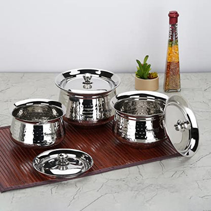 Sumeet Stainless Steel Handcrafted Hammered Texture Handi Set with Lid for Kitchen, Set of 3, 650ml, 950ml & 1300ml, Silver