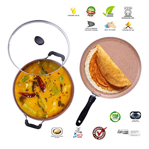 Sumeet Nonstick Granite Finish Popular 2pc Combo Set (Dosa Tawa - 26.5cm Dia + Kadhai with Glass Lid - 2.5 LTR Capacity - 24.5cm Dia)