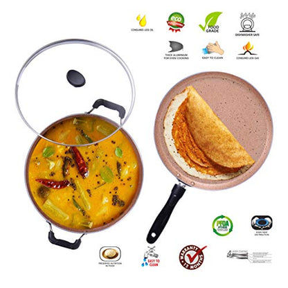 Sumeet Nonstick Granite Finish Popular 2pc Combo Set (Dosa Tawa - 26.5cm Dia + Kadhai with Glass Lid - 2.5 LTR Capacity - 24.5cm Dia)