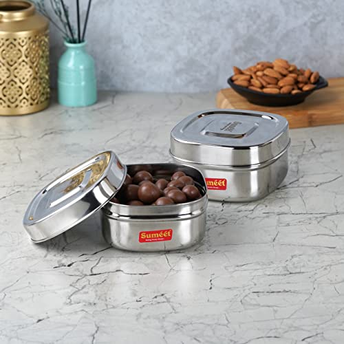 Sumeet Stainless Steel Square Storage containers Box/Dabba for Kitchen, Set of 2Pcs, 550ml, 11cm Dia, Silver