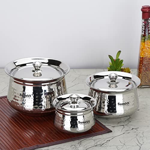 Sumeet Stainless Steel Handcrafted Hammered Texture Handi Set with Lid for Kitchen, Set of 3, 460ml, 950ml & 1700ml, Silver