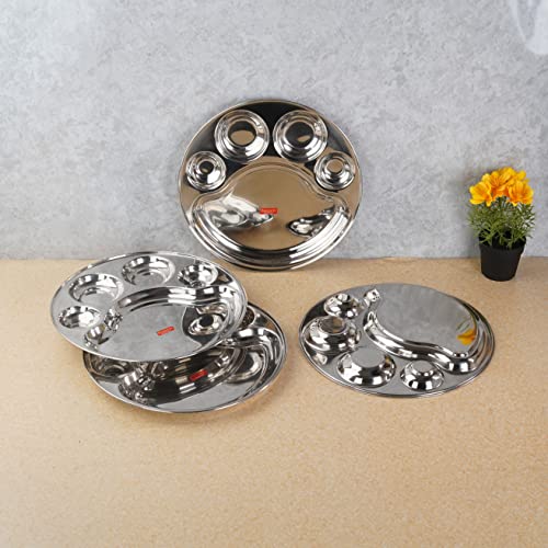 Sumeet Stainless Steel Round 5 in 1 Compartment Lunch / Dinner Plate Set of 4Pcs, 34cm Dia, Silver