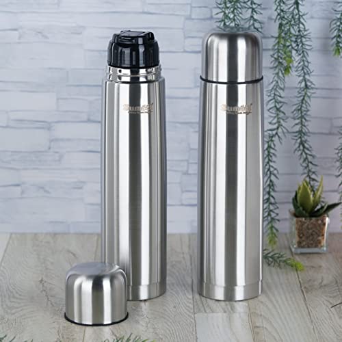 Sumeet Stainless Steel Double Walled Flask / Water Bottle, with Flip Lid, 24 Hours Hot and Cold, 1000 ml, Silver - Set of 2 Pcs