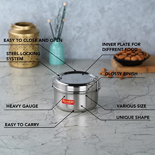 Sumeet Stainless Steel Meal Pack Lunch Box / Tiffin with Steel Separator Plate and Locking Clip, Set of 2Pc, 300ML & 500ML, 11.5cm & 13cm Dia, Silver