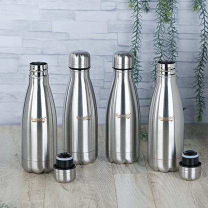 Sumeet Stainless Steel Double Walled Flask / Water Bottle, 24 Hours Hot and Cold, 400 ml, Silver - Set of 4 Pcs