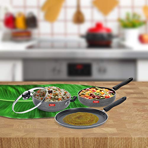 Sumeet NonStick Pilak Cookware Set (Dosa Tawa - 26.5Cm Dia + Kadhai with Glass Lid -2Ltr - 22Cm Dia + Frypan - 1.5Ltr - 22Cm Dia)