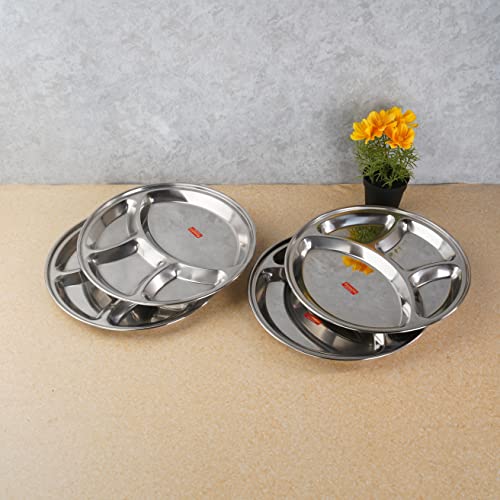 Sumeet Stainless Steel Round 4 in 1 Compartment Lunch / Dinner Plate Set of 4Pcs, 32.5cm Dia, Silver