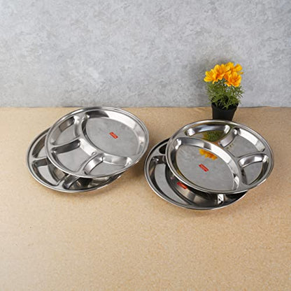 Sumeet Stainless Steel Round 4 in 1 Compartment Lunch / Dinner Plate Set of 6Pcs, 30.3cm Dia, Silver