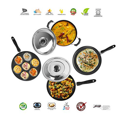 Sumeet 2.6mm Thick Non-Stick Rato Cookware Set (Dosa Tawa – 26.5cm Dia + Multi Snack Maker – 26.5cm Dia + Kadhai with Lid – 1.5Ltr Capacity- 20cm Dia + Fry pan – 1.5Ltr Capacity – 21cm Dia)