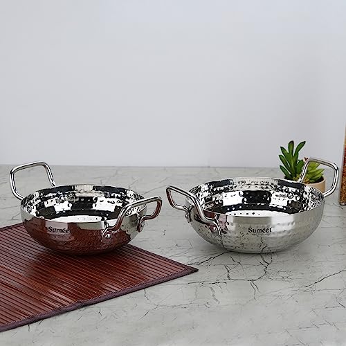 Sumeet Stainless Steel Handcrafted Hammered Mathar Kadai for Kitchen, Small & Med. Size, 1000ML & 1350ML, 16cm & 18cm Dia, Pack of 2, Silver