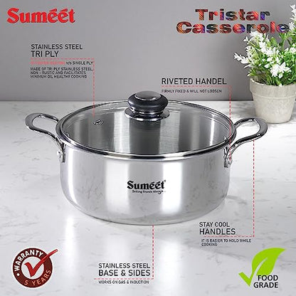 Sumeet Cook Smart TriPly SAS (Steel-Aluminium-Steel - 3 Layers) Casserole/Biryani Pot/Stock Pot with Glass Lid- 5.2Ltr - 26Cm, Silver