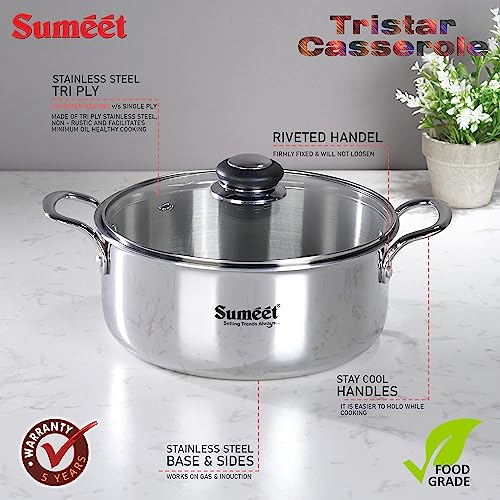 Sumeet Cook Smart TriPly SAS (Steel-Aluminium-Steel - 3 Layers)  Casserole / Biryani Pot / Stock Pot With Glass Lid- 2.9Ltr - 20Cm, Silver