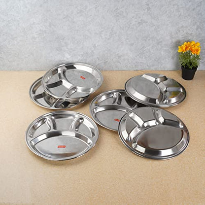 Sumeet Stainless Steel Round 4 in 1 Compartment Lunch / Dinner Plate Set of 6Pcs, 32.5cm Dia, Silver