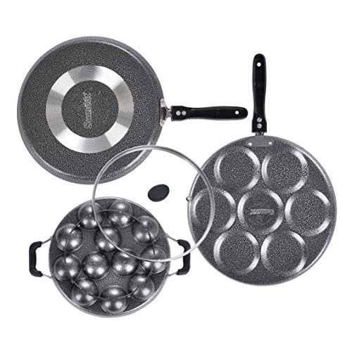 Sumeet NonStick Kulay-ABO Cookware Set (Dosa Tawa - 26.5Cm Dia + Multi Snack Maker - 7 Cavity - 26.5Cm Dia + Grill Appam Patra with Glass Lid - 12 Cavity - 22cm Dia)