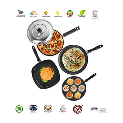 Sumeet 2.6mm Thick Non-Stick Reid Cookware Set (Dosa Tawa – 26.5cm Dia + Multi Snack Maker – 26.5cm Dia + Grill Pan – 1.1Ltr Capacity – 22cm Dia + Pizza Pan – 23cm Dia)