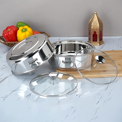 Sumeet Smart Serve Stainless Steel Double Wall Insulated Hot Roti/Chapati Pot/Server/Casserole with Glass Lid, 1L, Set of 2pc, Silver