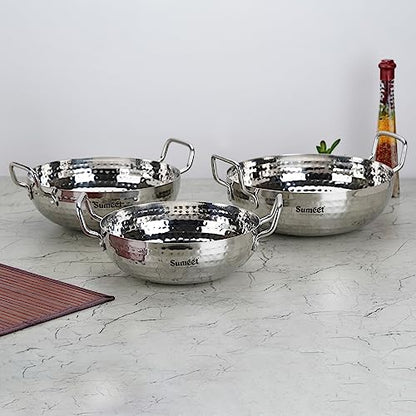 Sumeet Stainless Steel Handcrafted Hammered Mathar Kadai for Kitchen, 1700ML, 2250ML & 2850ML, 20cm, 22cm & 24cm Dia, Pack of 3, Silver