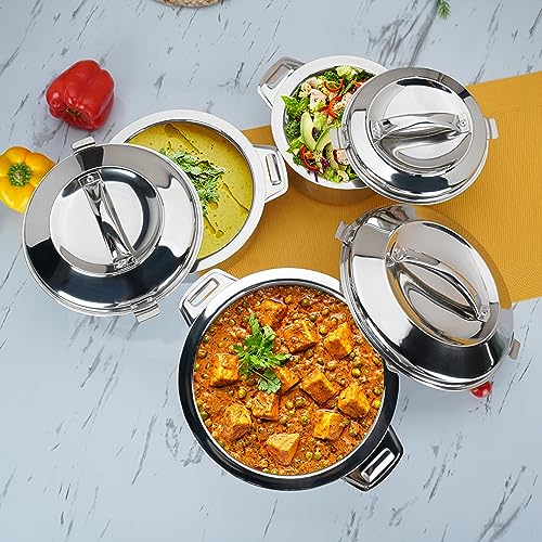 Sumeet Smart Serve Stainless Steel Double Wall Insulated Small Hot Pot/Hot Meal Box/Casserole Combo of 3Pc, 1L, 1.5L & 2.5L, Silver