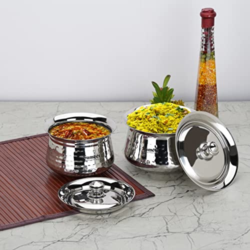 Sumeet Stainless Steel Handcrafted Hammered Texture Handi Set with Lid for Kitchen, Set of 2, 460ml & 650ml, Silver