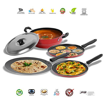 Sumeet 2.6mm Thick Non-Stick Pupa Cookware Set (Dosa Tawa – 26.5cm Dia + Multi Snack Maker – 26.5cm Dia + Kadhai with Lid – 1.5Ltr Capacity- 20cm Dia + Concave Tawa – 28cm Dia)