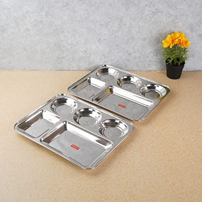 Sumeet Stainless Steel Rectangular 5 in 1 Compartment Lunch / Dinner Plate Set of 2Pcs, 37.4cm Dia, Silver