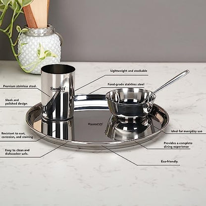 Sumeet Stainless Steel Heavy Gauge Mirror Finish Dinner Set of 8 Pcs (2 Plate, 2 Bowl/Wati, 2 Glass, 2 Spoon), Silver