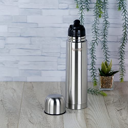 Sumeet Stainless Steel Double Walled Flask / Water Bottle, with Flip Lid, 24 Hours Hot and Cold, 500 ml, Silver