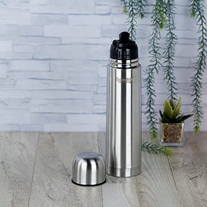 Sumeet Stainless Steel Double Walled Flask / Water Bottle, with Flip Lid, 24 Hours Hot and Cold, 500 ml, Silver