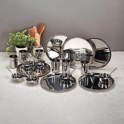 Sumeet Stainless Steel Heavy Gauge Mirror Finish Dinner Set of 24 Pcs (6 Plate, 6 Bowl/Wati, 6 Glass, 6 Spoon), Silver