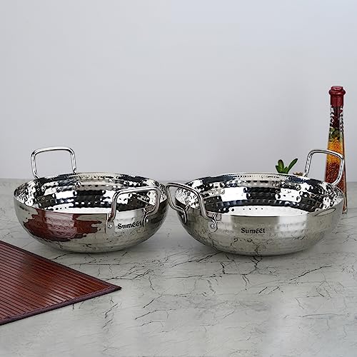 Sumeet Stainless Steel Handcrafted Hammered Mathar Kadai for Kitchen, Big Size, 3550ML & 4200ML, 26cm & 28cm Dia, Pack of 2, Silver