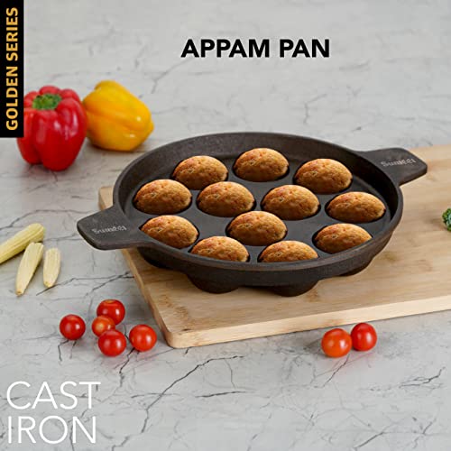 Sumeet Super Smooth Gold Series Pre Seasoned Cast Iron Appam Patra for Paniyaram/Appe/Ponganalu/Paddu |25cm 2.560kg, 12 Pit.