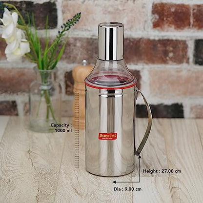 Sumeet Stainless Steel Nozzle Oil Dispenser |Oil Bottle | Oil Container | Oil Pourer | Vinegar Bottle | Olive Oil Bottle | Oil Can with with Handle, 1000ML, Pack of 1, Silver