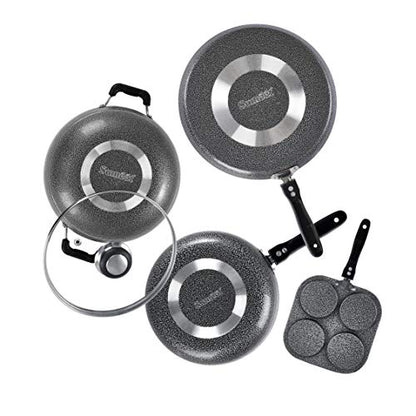 Sumeet NonStick Crno Cookware Set (Dosa Tawa - 26.5Cm Dia + Mini Multi Snack Maker - 4 Cavity -19.5cm + Kadhai with Glass Lid -2Ltr - 22Cm Dia + Frypan - 1.5Ltr - 22Cm Dia)