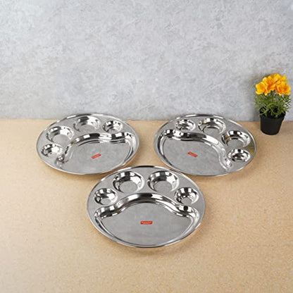 Sumeet Stainless Steel Round 5 in 1 Compartment Lunch / Dinner Plate Set of 3Pcs, 34cm Dia, Silver