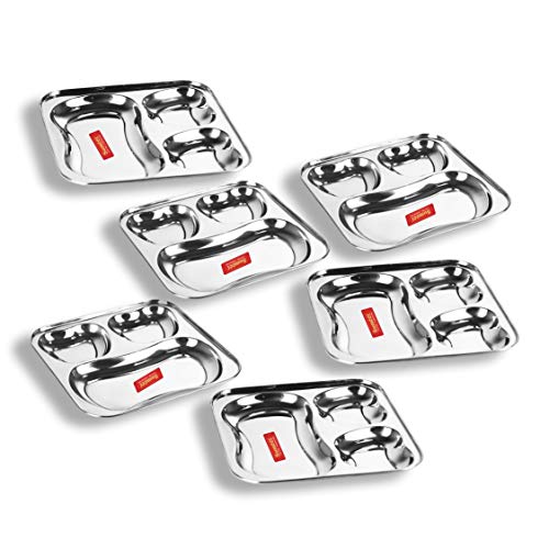 Sumeet Stainless Steel 3 in 1 Pav Bhaji Plate/Compartment Plate 24.5cm Dia - Set of 6pc