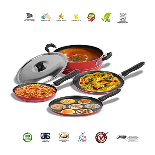 Sumeet 2.6mm Thick Non-Stick Rossu Cookware Set (Dosa Tawa – 26.5cm Dia + Multi Snack Maker – 26.5cm Dia + Kadhai with Lid – 1.5Ltr Capacity- 20cm Dia + Tapper pan – 20cm Dia)