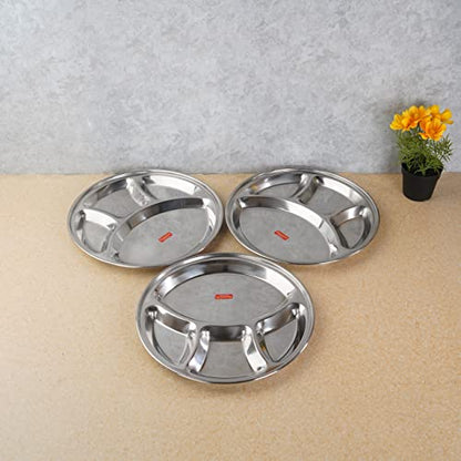 Sumeet Stainless Steel Round 4 in 1 Compartment Lunch / Dinner Plate Set of 3Pcs, 30.3cm Dia, Silver