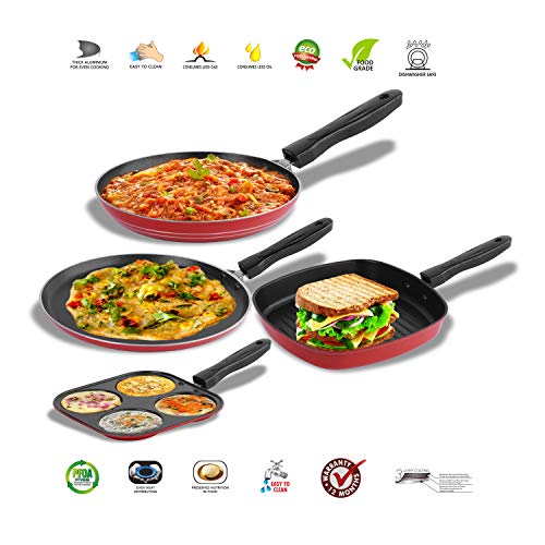 Sumeet 2.6mm Thick Non-Stick SOR Cookware Set (Dosa Tawa – 26.5cm Dia + Mini Multi Snack Maker – 19.5cm Dia + Grill Pan – 1.1Ltr Capacity – 22cm Dia + Tapper pan – 20cm Dia)