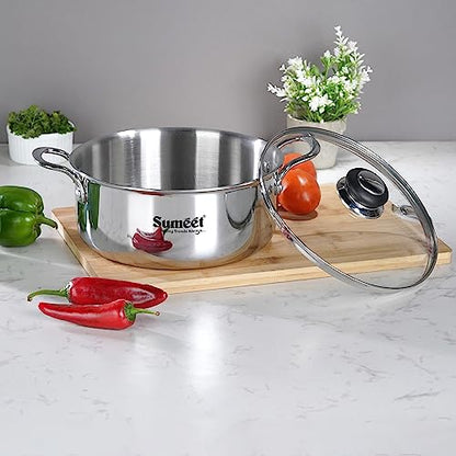 Sumeet Cook Smart TriPly SAS (Steel-Aluminium-Steel - 3 Layers) Casserole/Biryani Pot/Stock Pot with Glass Lid- 3.75Ltr - 22Cm, Silver