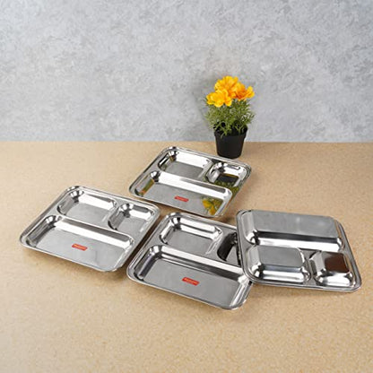 Sumeet Stainless Steel 3 in 1 Idli WADA Compartment Plate / Snack Plate / Breakfast Plate Set of 4Pcs, 21.7cm Dia, Silver