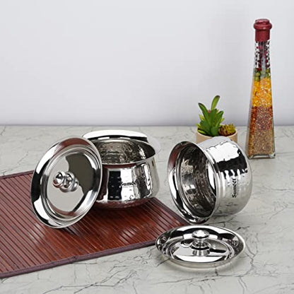 Sumeet Stainless Steel Handcrafted Hammered Texture Handi Set with Lid for Kitchen, Set of 2, 460ml & 650ml, Silver