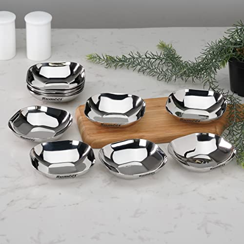 Sumeet Stainless Steel Small Apple Square Shape Plate/Dessert Plate/Halwa Plate Set of 12pcs, 8cm Dia, 90ML Each - Silver