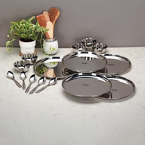 Sumeet Stainless Steel Heavy Gauge Mirror Finish Dinner Set of 15 Pcs (5 Plate, 5 Bowl/Wati, 5 Spoon), Silver