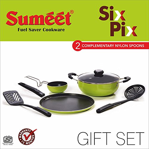 Sumeet Six Pix Nonstick Gift Set (Dosa Tawa:11 in, Tadka Pan:150 Ml and Kadhai with Glass Lid: 2 Liters)