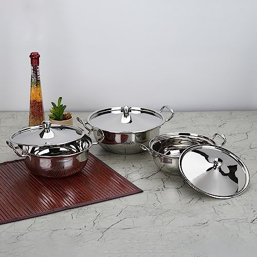 Sumeet Big Size Stainless Steel Cook and Serve Induction Handi Set with Lid and Handle, Set of 3Pc, 1200ML,1650ML & 2050ML, Silver