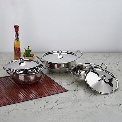 Sumeet Big Size Stainless Steel Cook and Serve Induction Handi Set with Lid and Handle, Set of 3Pc, 1200ML,1650ML & 2050ML, Silver